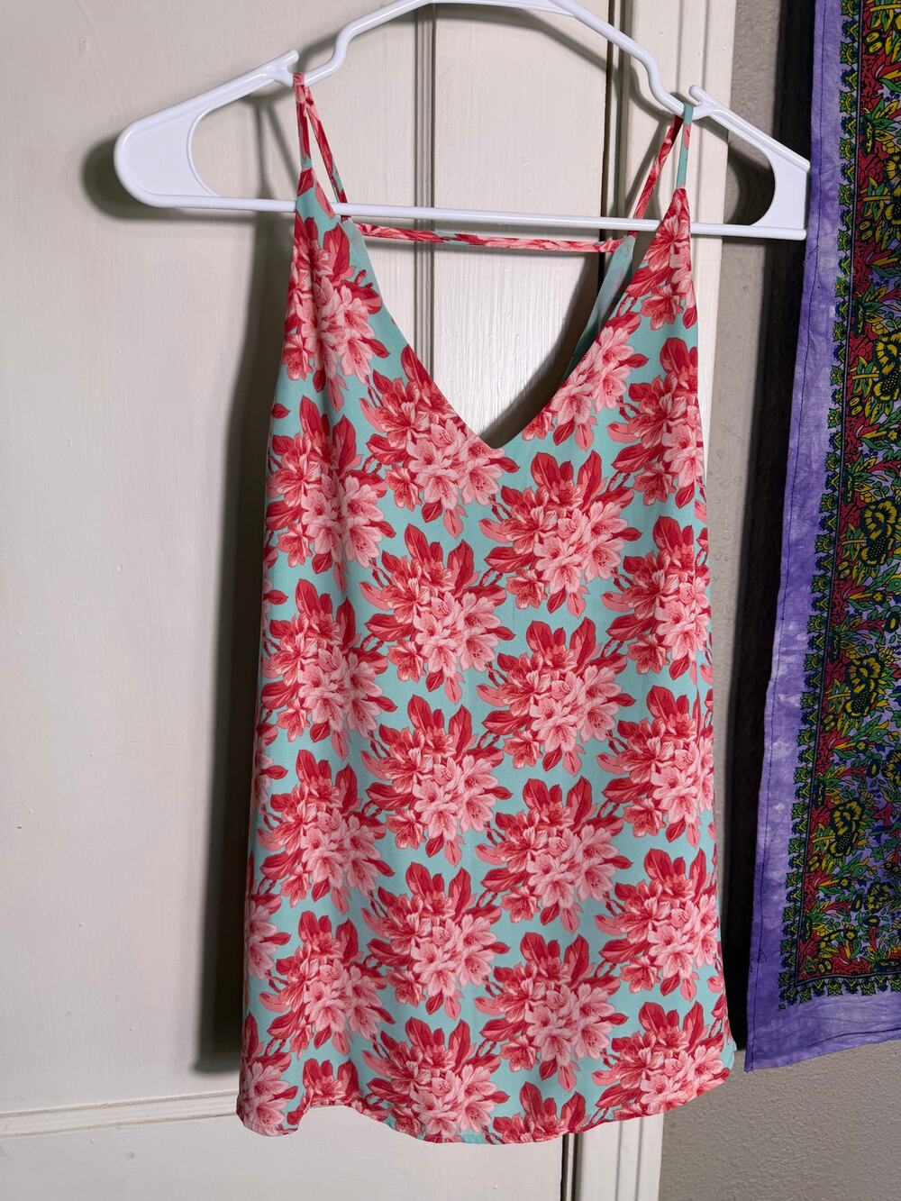 LOFT Floral Cami Top Aqua Pink V Neck Strappy Back - SP